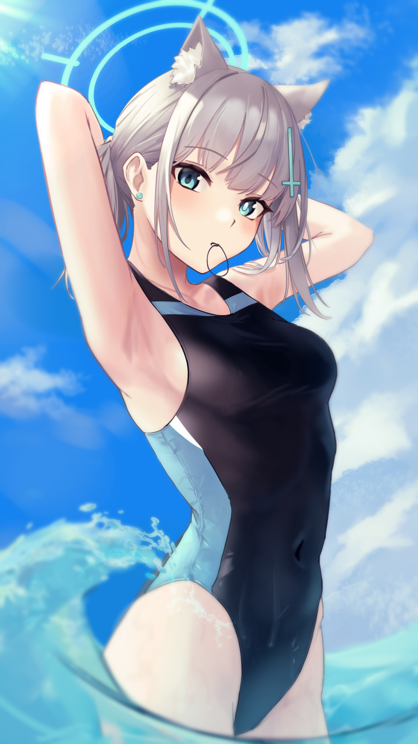 1girl absurdres animal_ear_fluff animal_ears armpits arms_up bare_arms bare_shoulders black_one-piece_swimsuit blue_archive blue_eyes blue_halo blush breasts collarbone competition_swimsuit covered_navel cowboy_shot cross_hair_ornament day extra_ears grey_hair hair_ornament halo highleg highleg_swimsuit highres looking_at_viewer low_ponytail medium_breasts medium_hair mismatched_pupils mouth_hold official_alternate_costume one-piece_swimsuit outdoors shiroko_(blue_archive) shiroko_(swimsuit)_(blue_archive) smallpine_7 solo standing swimsuit two-tone_swimsuit wading water wet wet_clothes wet_swimsuit wolf_ears