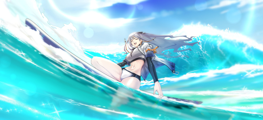 ak-12_(age_of_slushies)_(girls'_frontline) ak-12_(girls'_frontline) alternate_costume bikini black_ribbon breasts closed_eyes full_body girls'_frontline hair_ribbon highres in_water jacket large_breasts long_hair long_sleeves navel official_alternate_costume open_clothes open_jacket ribbon samsam_s2s sidelocks stomach straight_hair surfboard surfing swimsuit thighs two-tone_bikini water waves white_hair