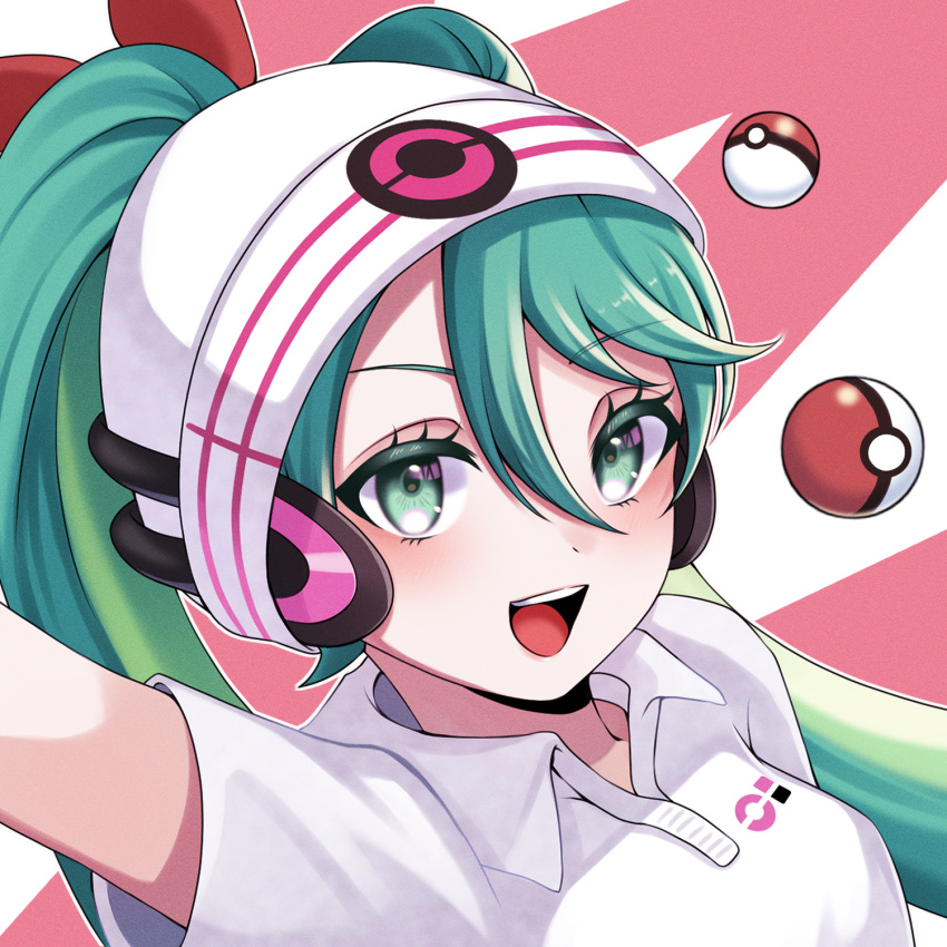 1girl aqua_eyes aqua_hair beanie collared_shirt hair_between_eyes hair_through_headwear hat hatsune_miku headphones highres looking_at_viewer open_mouth poke_ball pokemon project_voltage psychic_miku_(project_voltage) sani_(saaanii) shirt smile vocaloid white_headwear white_shirt