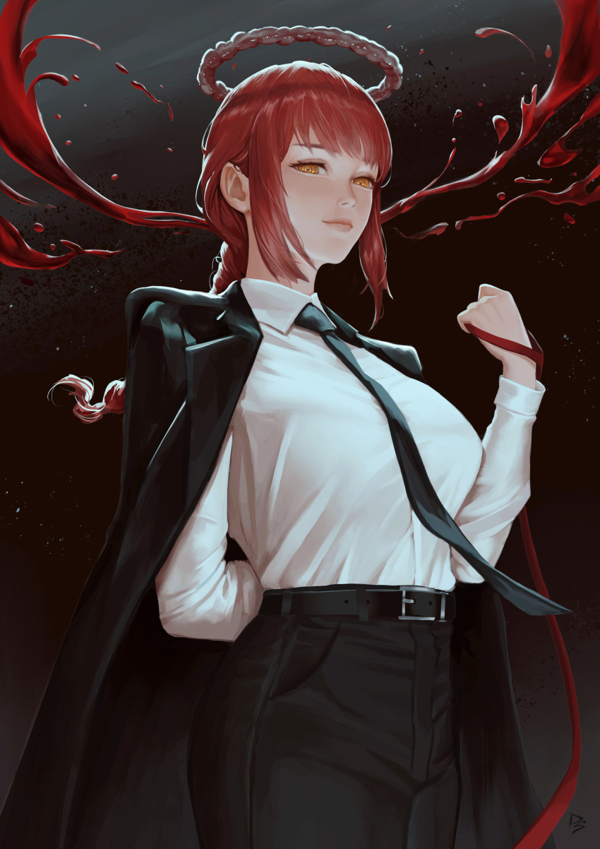 1girl absurdres arm_behind_back arm_up black_coat black_necktie blood braid breasts chainsaw_man coat coat_on_shoulders cowboy_shot dark_background halo highres holding holding_leash intestines kakugo large_breasts leash long_hair looking_at_viewer makima_(chainsaw_man) necktie red_hair ringed_eyes shirt sidelocks smile white_shirt yellow_eyes