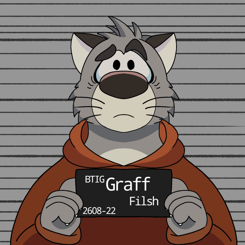 2023 4_fingers anthro barbie_and_ken_mugshot_meme biped brok_the_investigator clothing domestic_cat felid feline felis fingers graff_filsh grey_body hi_res hoodie humanoid_hands mammal portrait solo topwear vleid_naomon worried