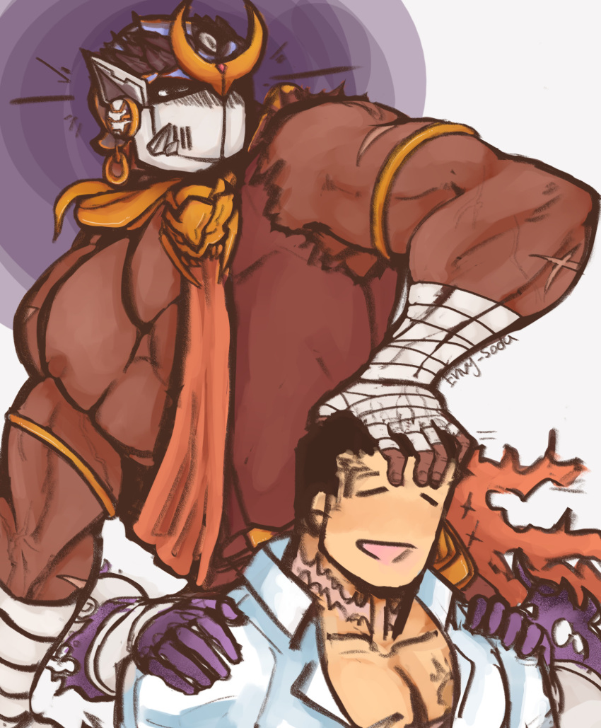 2boys =_= annoyed bara bare_pectorals blush collared_shirt dark-skinned_male dark_skin envysoda extra_arms from_side hand_on_another's_head happy highres large_pectorals male_focus multiple_boys muscular muscular_male pectoral_cleavage pectorals protagonist_3_(housamo) scar shirt shiva_(housamo) short_hair thick_eyebrows tokyo_afterschool_summoners upper_body yaoi