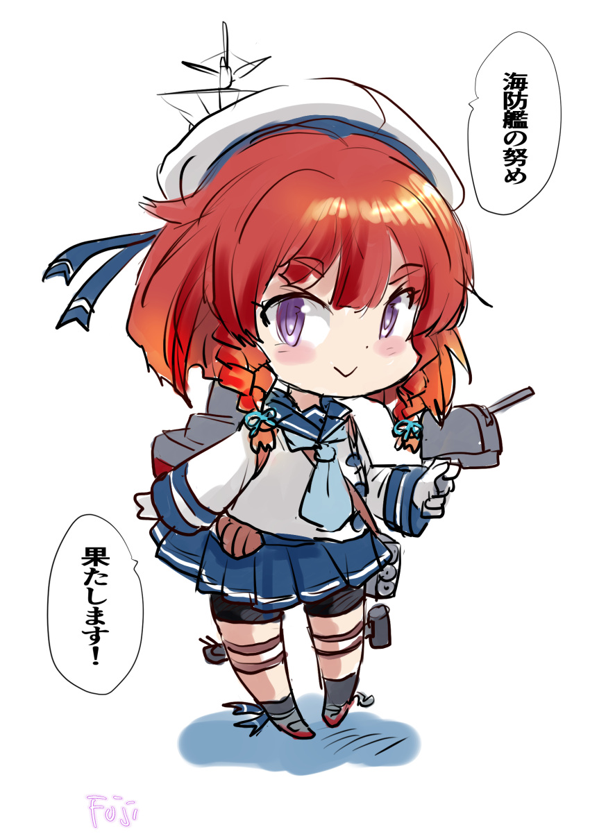 1girl :&gt; adapted_turret bike_shorts blue_neckerchief blue_sailor_collar blue_skirt bob_cut braid cannon commentary_request etorofu_(kancolle) fuji_(pixiv24804665) gloves gradient_hair hat highres kantai_collection long_sleeves machinery multicolored_hair neckerchief orange_hair pleated_skirt purple_eyes red_hair sailor_collar sailor_hat school_uniform serafuku shorts shorts_under_skirt side_braid side_braids skirt smile solo thick_eyebrows translation_request turret twin_braids white_gloves white_headwear