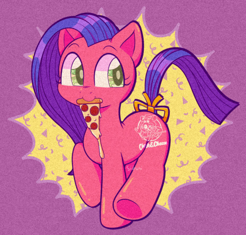accessory bow_ribbon charles_entertainment_cheese chuck_e._cheese's_pizzeria chuck_e_cheese_pony cutie_mark earth_pony eating eating_food equid equine eyelashes female feral food furgonomics green_eyes hair hasbro hi_res horse mammal mascot mlp_g1 my_little_pony pink_body pizza pony prick_ears purple_hair purple_tail ribbons sidruni smile solo tail tail_accessory tail_bow tail_ribbon walking