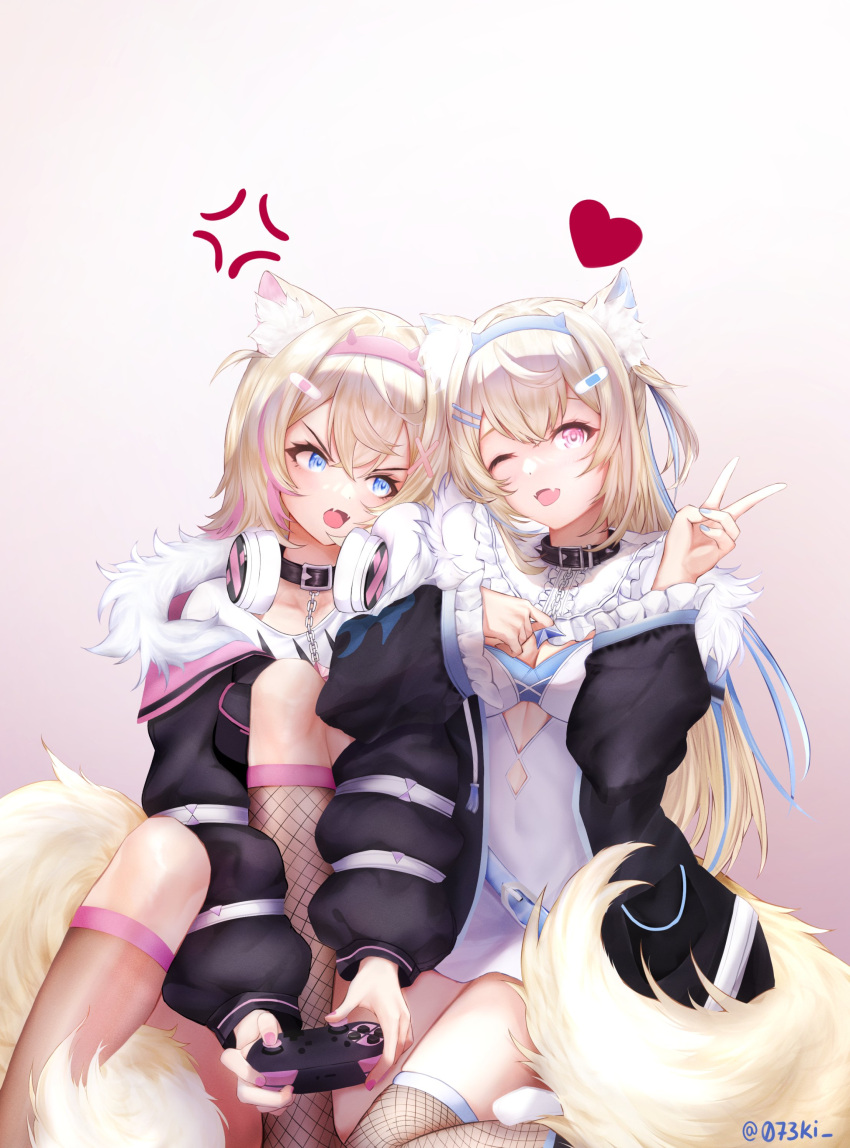 2girls absurdres animal_ear_fluff animal_ears bandaid_hair_ornament belt belt_collar black_collar black_jacket blonde_hair blue_belt blue_eyes blue_hair blue_nails breasts cleavage cleavage_cutout clothing_cutout collar controller cropped_jacket cropped_shirt dog_ears dog_girl dog_tail dress fangs fishnet_socks fishnet_thighhighs fishnets frilled_shorts frills fur-trimmed_jacket fur_trim fuwawa_abyssgard game_controller hair_ornament hairpin headphones headphones_around_neck heart highres holding holding_controller holding_game_controller hololive hololive_english jacket koukie leg_up looking_at_viewer medium_breasts mococo_abyssgard multicolored_hair multiple_girls nail_polish one_eye_closed open_mouth pink_eyes pink_hair pink_nails short_dress shorts siblings sidelocks single_fishnet_legwear skin_fangs smile socks spiked_collar spikes streaked_hair tail thighhighs twins two_side_up v virtual_youtuber white_dress x_hair_ornament