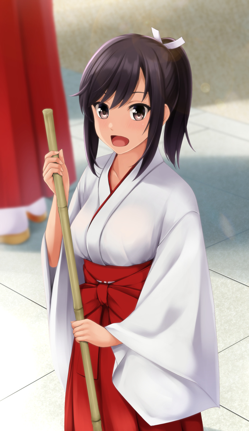 2girls :d absurdres black_hair blurry blurry_background breasts brown_eyes commentary_request day depth_of_field eyebrows_hidden_by_hair hair_ribbon hakama hakama_skirt highres holding ichijou_hotaru japanese_clothes kimono looking_at_viewer medium_breasts multiple_girls non_non_biyori nonaka_ritsu outdoors ponytail red_hakama ribbon skirt smile solo_focus white_kimono white_ribbon