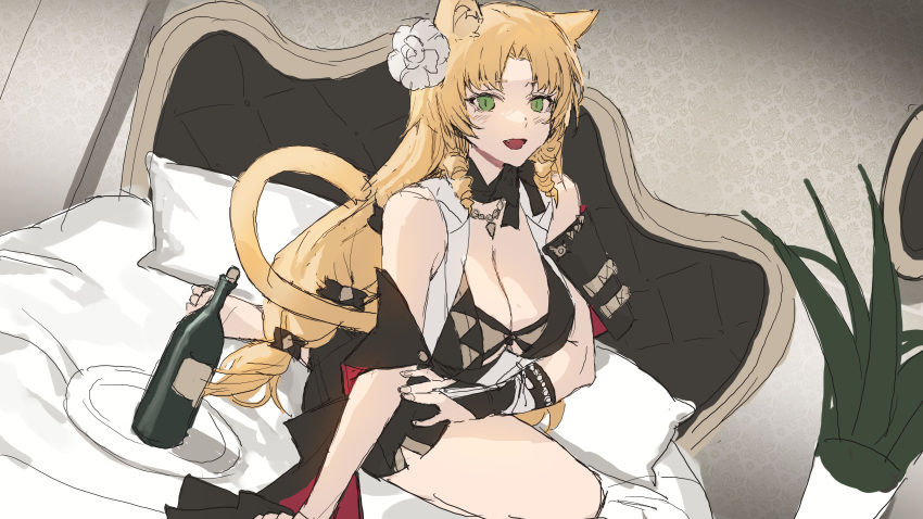 1girl absurdres animal_ears arknights black_shirt blonde_hair bottle breasts cleavage drill_hair drill_sidelocks fang flower hair_flower hair_ornament highres indoors large_breasts long_hair looking_at_viewer molyb official_alternate_costume on_bed open_mouth pillow plant plate potted_plant shirt sidelocks sitting sketch solo swire_(arknights) swire_the_elegant_wit_(arknights) tail tiger_ears tiger_girl tiger_tail unfinished white_flower wine_bottle