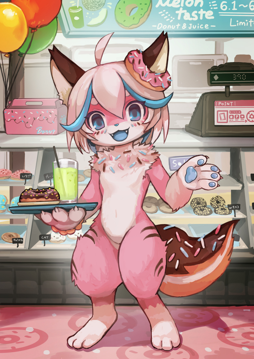 absurd_res anthro balloon beverage big_tail cafe canid canine canis cash_register clothing coffee coffee_shop dessert detailed_background di_do_di_do display_case domestic_dog donut_(misterdonut) doughnut food food_creature fur girly hair hi_res inflatable mammal open_mouth pawpads paws pink_body pink_fur sprinkledog tail white_hair