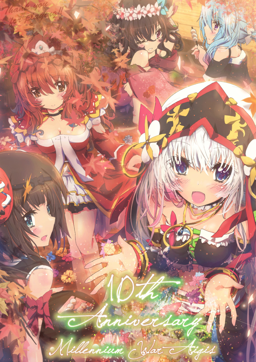 5girls :d ;d anniversary autumn autumn_leaves black_hairband blue_eyes blue_hair blush bow_hairband braid breasts brown_eyes brown_hair capelet claudia_(sennen_sensou_aigis) cleavage commentary copyright_name crissa_(sennen_sensou_aigis) crop_top crown_braid dango detached_sleeves dot_nose dress falling_leaves floral_print flower_wreath food frilled_skirt frills hairband hana_(sennen_sensou_aigis) head_wreath headdress highres hina_(sennen_sensou_aigis) holding holding_food holding_plate inoshishi_(ikatomo) jewelry leaf light_blue_hair long_hair looking_at_viewer looking_back medium_breasts medium_hair miniskirt multiple_girls necklace one_eye_closed plate purple_eyes red_capelet red_dress reve_(sennen_sensou_aigis) ring sennen_sensou_aigis skirt smile thank_you unmoving_pattern wagashi white_hair