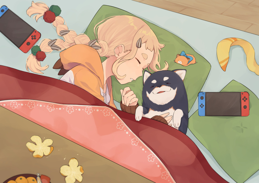 1girl absurdres arata_(user_jjxc7843) braid dog food fruit gonzalez_(machita_chima) hair_ornament hamster hand_on_another's_chest handheld_game_console head_on_pillow highres hood hood_down hoodie indoors kotatsu kuroi_shiba light_brown_hair long_hair low_twin_braids lying machita_chima multiple_others nijisanji nintendo_switch on_side orange_(fruit) orange_peel pom_pom_(clothes) pom_pom_hair_ornament seed seed_hair_ornament shiba_inu short_bangs short_eyebrows sleeves_past_wrists sunflower_seed table thick_eyebrows twin_braids under_table virtual_youtuber