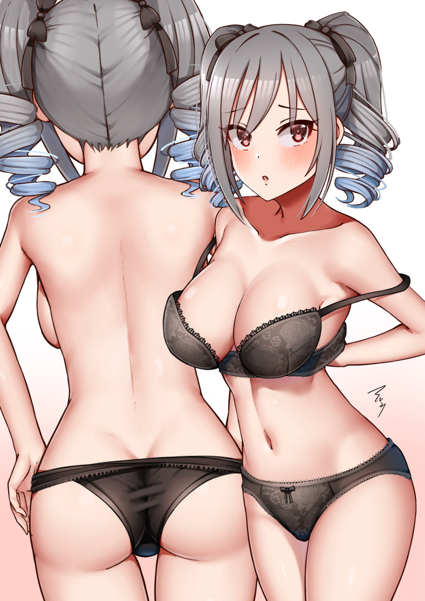 1girl absurdres ass black_bra black_panties blush bra breasts butt_crack cleavage collarbone commentary_request drill_hair grey_hair hair_ribbon highres idolmaster idolmaster_cinderella_girls kanzaki_ranko lace-trimmed_bra lace-trimmed_panties lace_trim mabanna medium_breasts navel panties red_eyes ribbon solo stomach topless twin_drills twintails underwear undressing