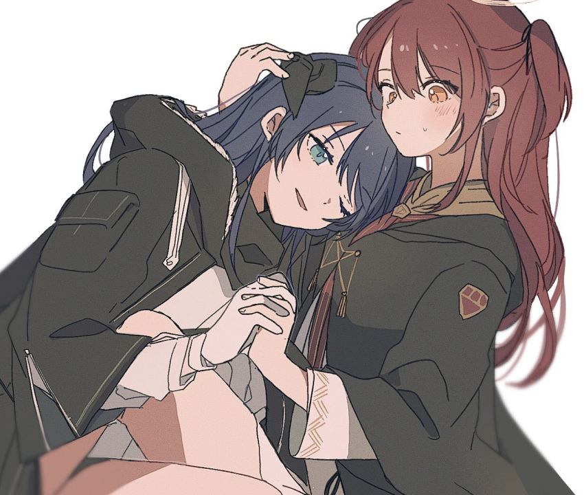 2girls alternate_costume arknights black_jacket black_robe blue_eyes blue_hair blush demon_horns exusiai_(arknights) hair_between_eyes halo holding_hands hood hood_down hooded_jacket horns jacket knee_up long_hair mostima_(arknights) multiple_girls one_eye_closed one_side_up open_clothes open_jacket parted_lips red_hair robe seri_(vyrlw) shirt sitting sweatdrop white_shirt yuri