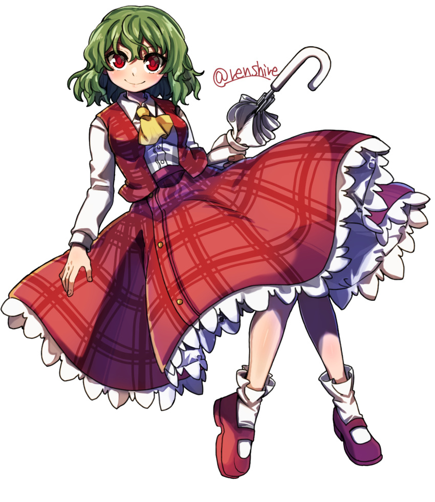 1girl ascot closed_mouth collared_shirt commentary frilled_skirt frills full_body green_hair highres kazami_yuuka long_sleeves looking_at_viewer one-hour_drawing_challenge plaid plaid_skirt plaid_vest red_eyes red_footwear red_skirt red_vest renshirenji shirt short_hair simple_background skirt smile socks solo touhou twitter_username umbrella vest white_background white_shirt white_socks white_umbrella yellow_ascot