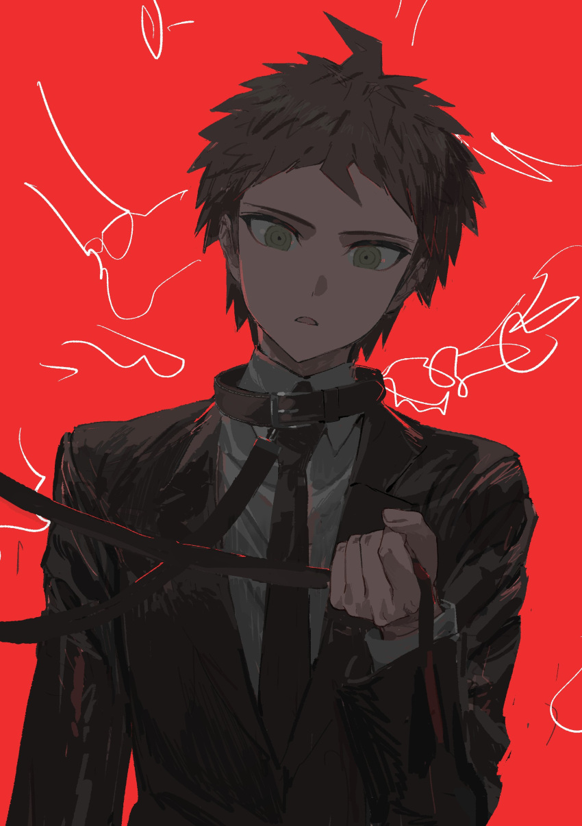 1boy absurdres ahoge animal_collar black_jacket black_necktie brown_eyes brown_hair collar collared_shirt d: danganronpa_(series) danganronpa_3_(anime) formal fug_uai grey_shirt hand_up highres hinata_hajime holding holding_leash jacket leash long_sleeves male_focus necktie parted_lips red_background shirt short_hair solo teeth