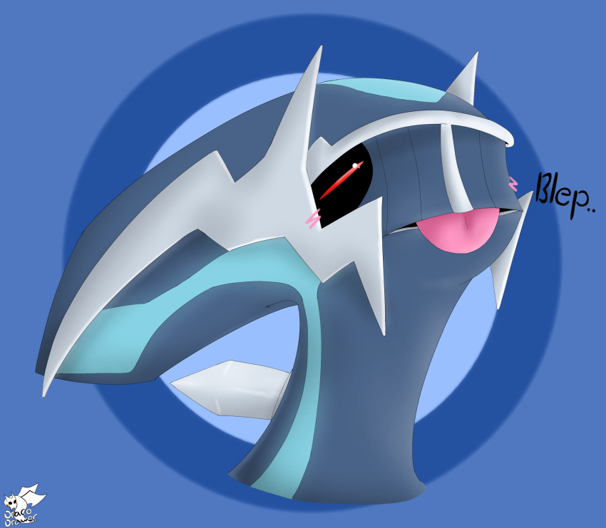 2023 absurd_res ambiguous_gender blep blue_background blue_body blush blush_lines dialga digital_drawing_(artwork) digital_media_(artwork) dracodrawer dragon english_text generation_4_pokemon grey_horn hi_res horn legendary_pokemon multicolored_body nintendo open_mouth pokemon pokemon_(species) red_eyes reptile scalie shaded signature simple_background solo text tongue tongue_out