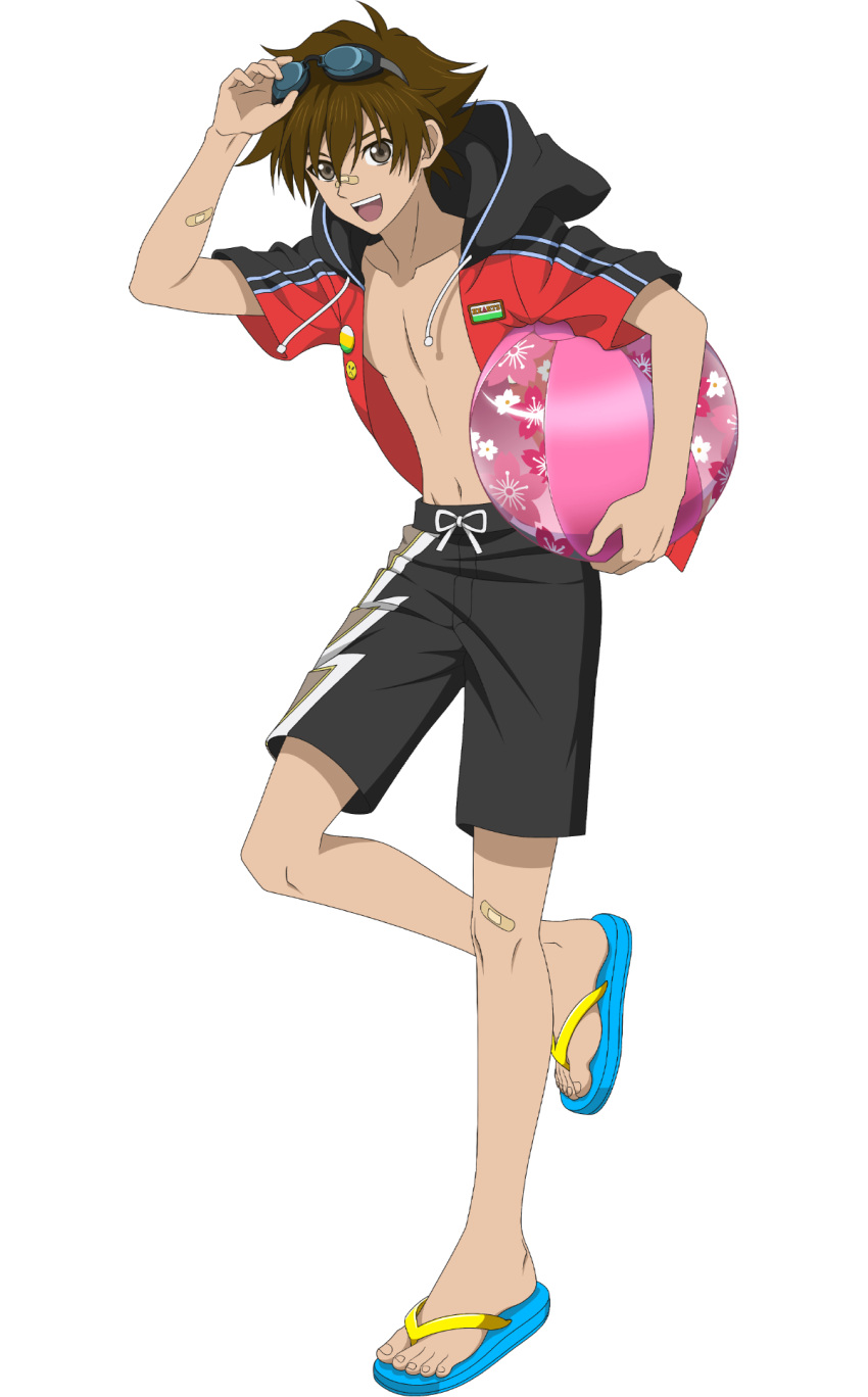 1boy ball bandaid bandaid_on_arm bandaid_on_face bandaid_on_knee bandaid_on_leg bandaid_on_nose beachball brown_hair english_commentary feet flip-flops full_body goggles goggles_on_head hair_between_eyes highres holding holding_ball hood kor_meteor legs male_focus male_swimwear navel official_art open_clothes open_mouth open_shirt sandals short_sleeves solo swim_trunks tales_of_(series) tales_of_asteria tales_of_hearts teeth toenails toes topless_male transparent_background upper_teeth_only