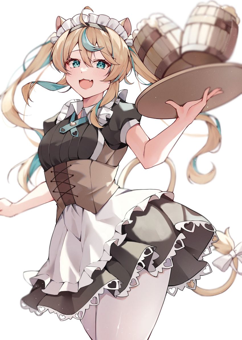 1girl :d absurdres ahoge alcohol alternate_costume animal_ears apron aqua_eyes aqua_hair asymmetrical_bangs beer black_shirt black_skirt blonde_hair blurry blush bodice chestnut_mouth colored_inner_hair commission contrapposto depth_of_field double-parted_bangs fang frilled_apron frills hair_between_eyes highres holding holding_tray indie_virtual_youtuber lace-trimmed_skirt lace_trim lion_ears lion_girl lion_tail long_hair looking_at_viewer maid maid_headdress miniskirt misoni_(mi_so_ni_t) multicolored_hair open_mouth pantyhose puffy_short_sleeves puffy_sleeves ribbon shidou_lio shirt short_sleeves siblings sidelocks simple_background skeb_commission skin_fang skirt smile solo streaked_hair tail tail_ornament tail_ribbon tankard thick_thighs thighs tray twins twintails underbust virtual_youtuber waist_apron waitress white_apron white_background white_pantyhose wide_hips wing_collar