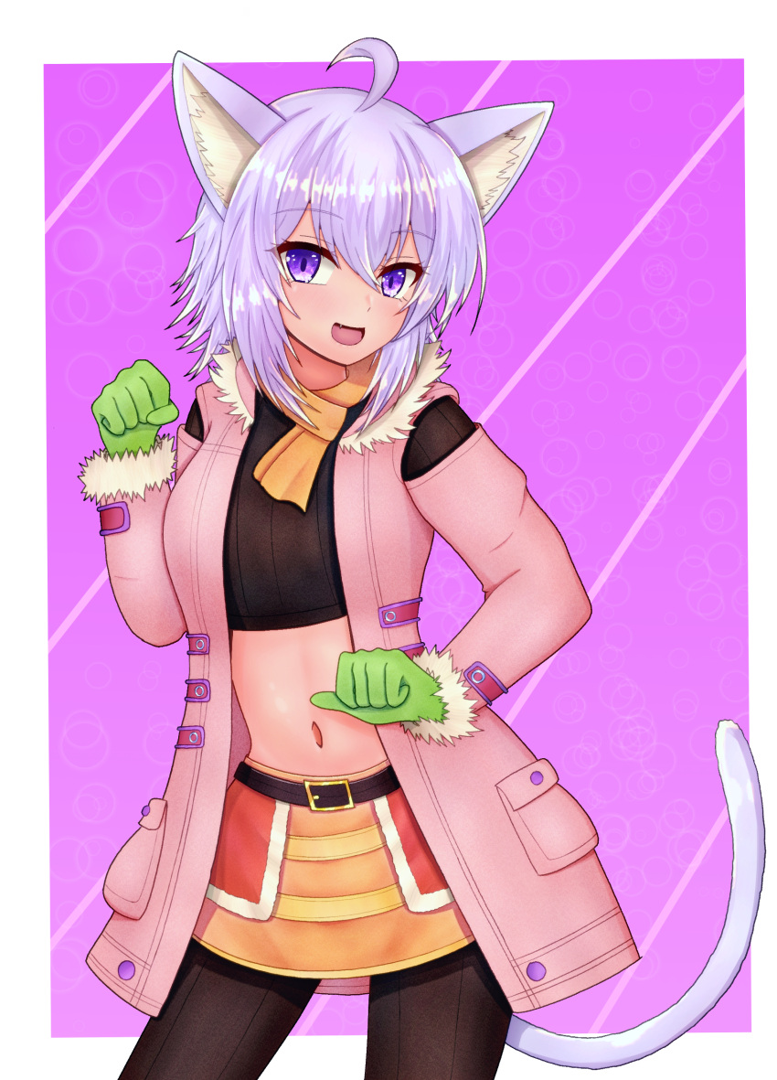 1girl :d absurdres ahoge animal_ear_fluff animal_ears belt black_belt black_pantyhose black_shirt breasts cat_ears cat_girl cat_tail clenched_hands coat commentary_request cosplay cowboy_shot crop_top fur-trimmed_coat fur-trimmed_sleeves fur_trim gloves green_gloves hair_between_eyes hand_up highres hololive long_sleeves looking_at_viewer m172/minatsu medium_breasts midriff navel nekomata_okayu open_clothes open_coat open_mouth orange_scarf pantyhose paw_pose pink_coat purple_background purple_eyes purple_hair ribbed_shirt rune_factory rune_factory_3 scarf shirt short_hair sidelocks skirt smile solo standing tail toona toona_(cosplay) virtual_youtuber yellow_skirt