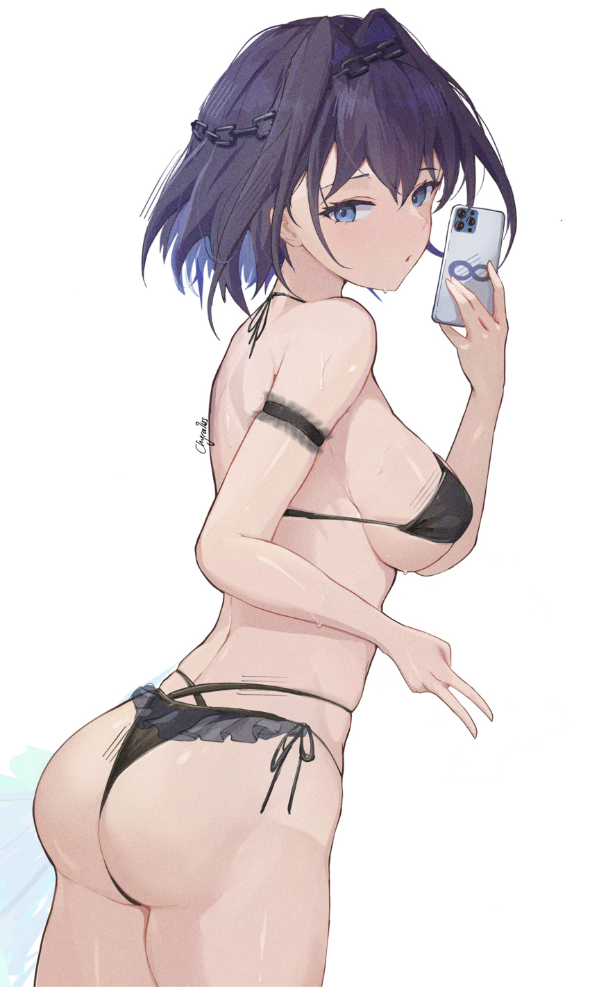 1girl :o absurdres arm_strap ass bikini black_bikini black_hair blue_eyes breasts cellphone chyraliss hair_intakes halterneck head_chain highres holding holding_phone hololive hololive_english large_breasts looking_at_viewer ouro_kronii parted_lips phone selfie short_hair sideboob simple_background skindentation smartphone solo sweat swimsuit v virtual_youtuber white_background