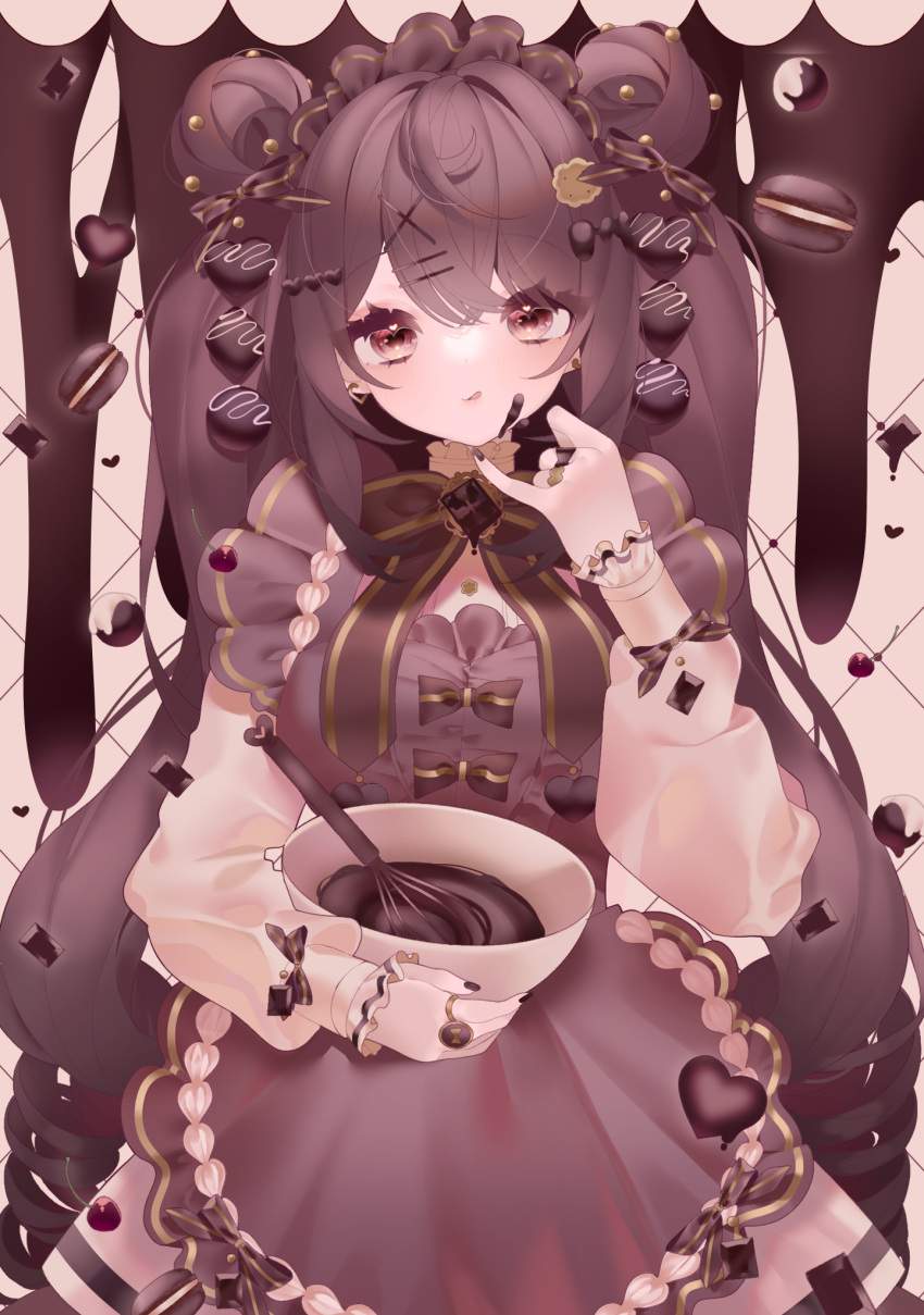 1girl apron bow brown_eyes brown_hair candy chocolate chocolate_hair_ornament chocolate_on_face commentary double_bun dress drill_hair earrings food food_on_face hair_bun hair_ornament hairclip heart heart-shaped_chocolate heart_earrings heart_hair_ornament highres jewelry kokonoe826 licking_lips long_hair long_sleeves looking_at_viewer maid_headdress mismatched_earrings multiple_rings nail_polish neck_ribbon original ribbon ring smile solo straight-on tongue tongue_out twintails valentine very_long_hair x_hair_ornament