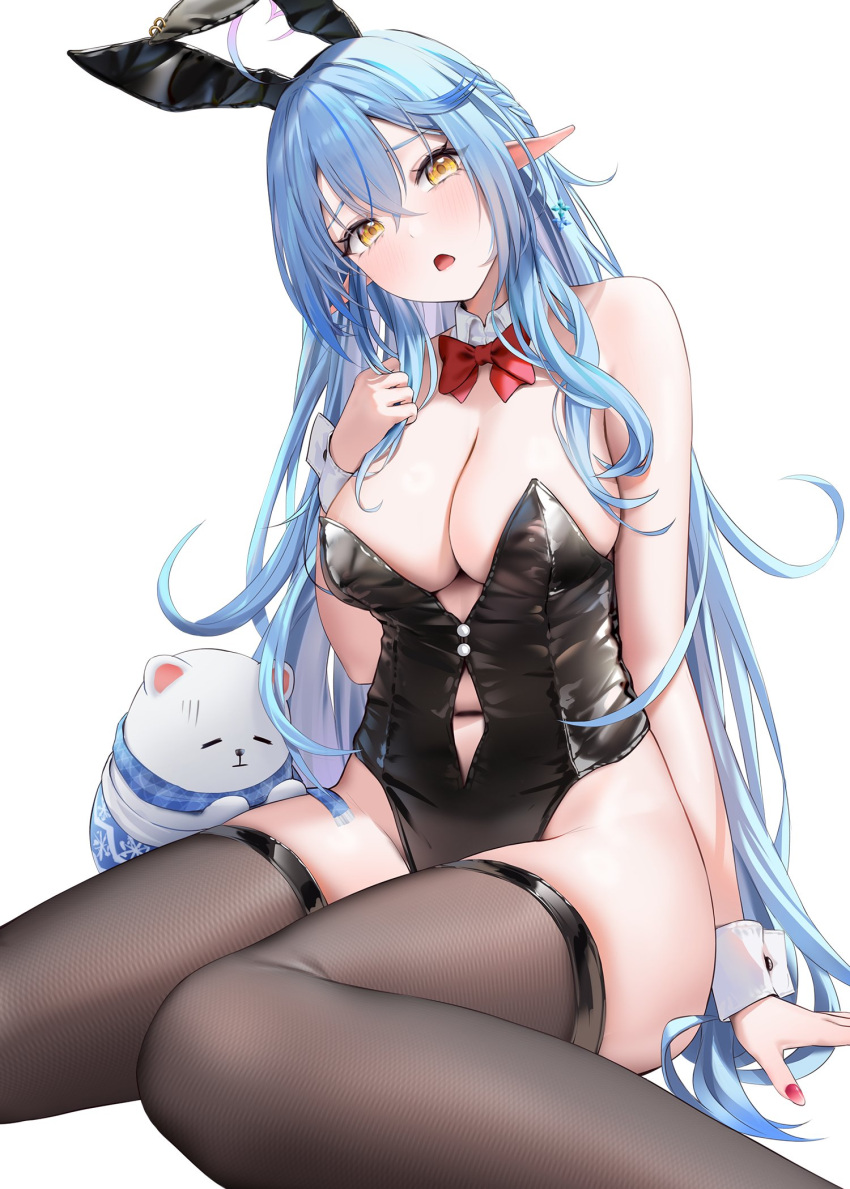 1girl animal_ears bare_shoulders black_leotard blue_hair bow bowtie breasts clothing_cutout daifuku_(yukihana_lamy) detached_collar elf highleg highleg_leotard highres hololive large_breasts leotard navel navel_cutout playboy_bunny pointy_ears rabbit_ears red_bow red_bowtie sitting thighhighs thighs virtual_youtuber wanne wrist_cuffs yukihana_lamy