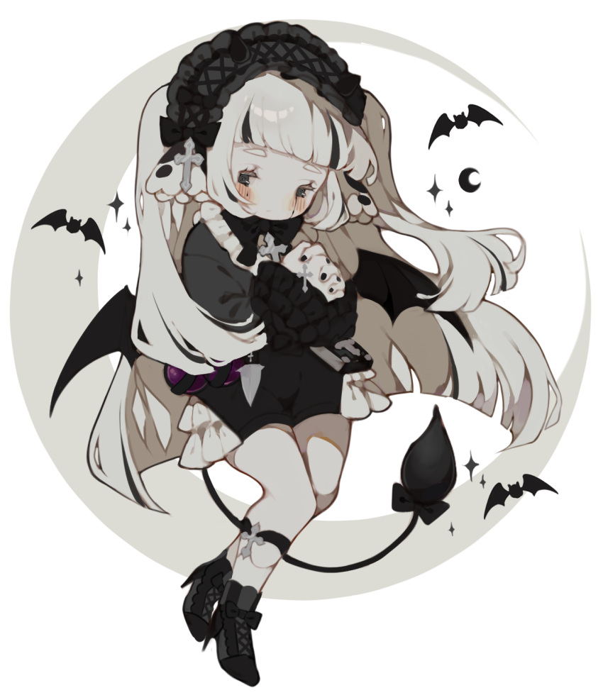 1girl animal_ears bat_(animal) bat_wings black_bow black_bowtie black_eyes black_footwear black_garter black_hairband black_nails black_shorts black_tears black_wings blunt_bangs blunt_ends blush_stickers boots bow bowtie bridal_garter chibi closed_mouth collar collared_shirt commission cow_ears cow_tail crescent_moon cross-laced_footwear cross-laced_hairband cross_hair_ornament crying crying_with_eyes_open english_commentary eyelashes footwear_bow frilled_shirt frilled_shirt_collar frilled_sleeves frills grey_shirt hair_bow hair_ornament hairband high_heel_boots high_heels highres lace-trimmed_hairband lace_trim light_blush light_frown littlebluemuffin lolita_hairband long_hair long_sleeves moon multiple_hat_bows nail_polish original own_hands_clasped own_hands_together shirt shorts sparkle streaming_tears tail tail_bow tail_ornament tears thick_eyebrows two_side_up vampire very_long_hair white_background white_collar white_hair wings