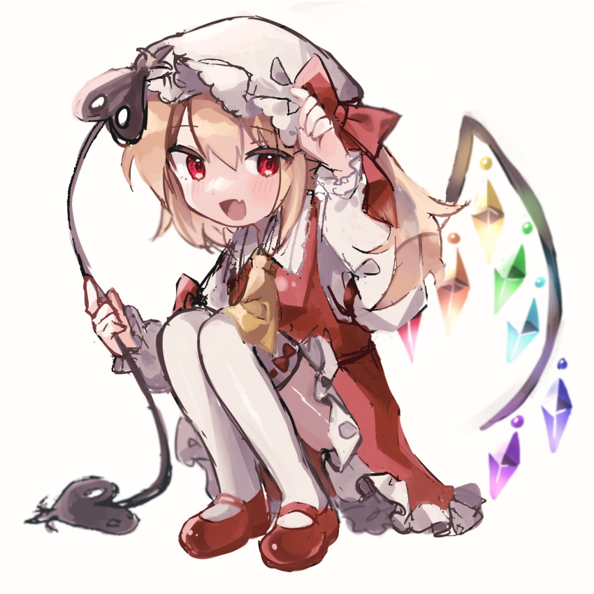 1girl adapted_costume blonde_hair breasts chicachang crystal fang flandre_scarlet frilled_skirt frilled_sleeves frills full_body hair_between_eyes hat highres holding holding_pole laevatein_(touhou) long_sleeves looking_at_viewer mary_janes medium_hair mob_cap multicolored_wings one_side_up open_mouth pole puffy_long_sleeves puffy_sleeves red_eyes red_footwear red_ribbon red_skirt red_vest ribbon ribbon-trimmed_thighhighs shirt shoes simple_background skin_fang skirt small_breasts solo squatting thighhighs touhou vest white_background white_headwear white_shirt white_thighhighs wings