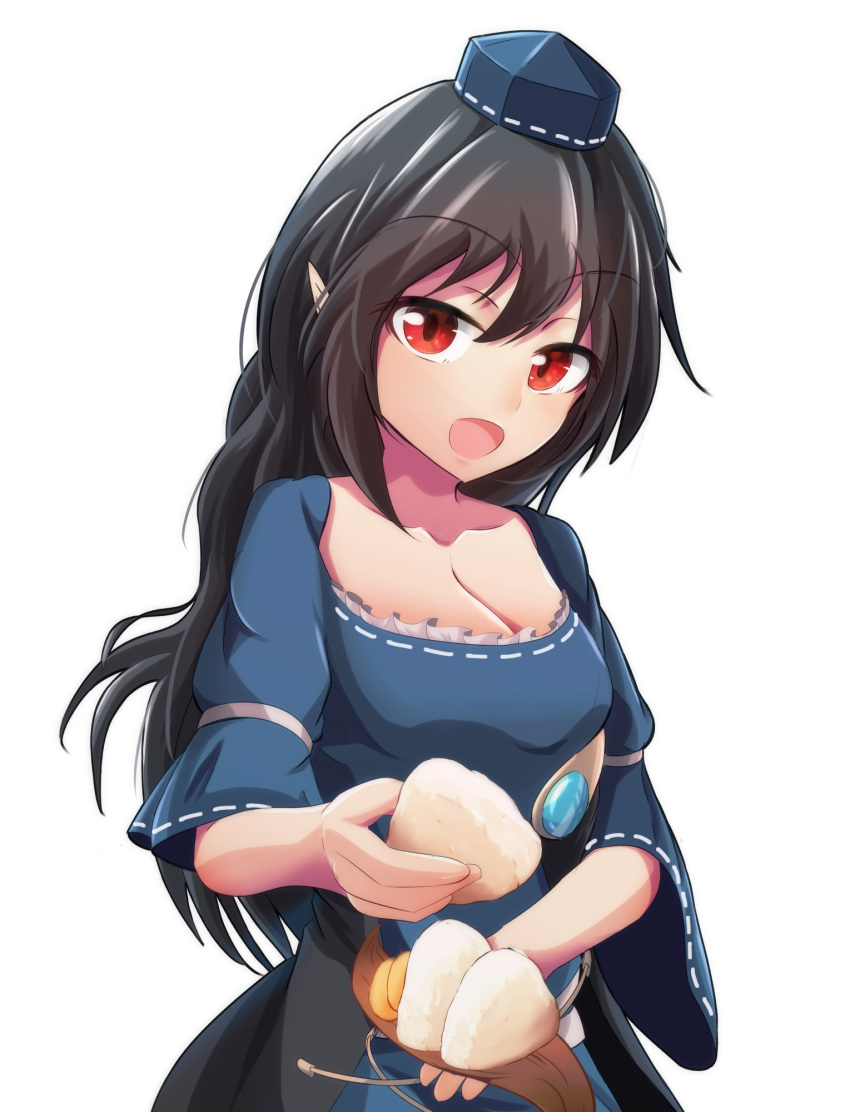 1girl :d bad_anatomy black_hair blue_dress breasts cleavage collarbone dress food hair_between_eyes hansode32 hat highres holding holding_food iizunamaru_megumu long_hair looking_at_viewer medium_breasts onigiri open_mouth pointy_ears red_eyes sleeves_past_elbows smile solo tokin_hat touhou upper_body very_long_hair