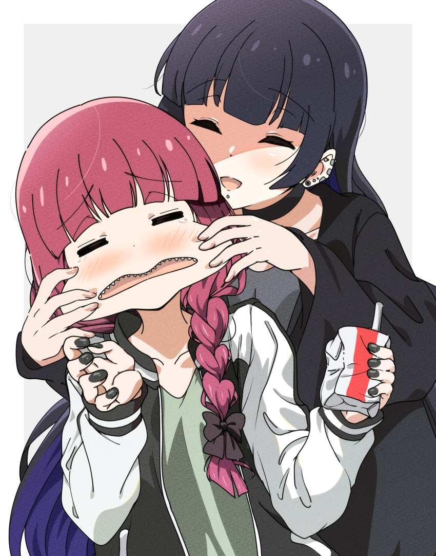 2girls ^_^ absurdres black_hair black_nails blue_hair blunt_bangs blush bocchi_the_rock! cheek_pinching chin_piercing closed_eyes colored_inner_hair dark_blue_hair ear_piercing facing_viewer goumonsha hand_on_another's_cheek hand_on_another's_face highres hiroi_kikuri holding jacket long_sleeves looking_at_viewer multicolored_hair multiple_girls open_mouth pa-san piercing pinching red_hair sleeves_past_wrists smile