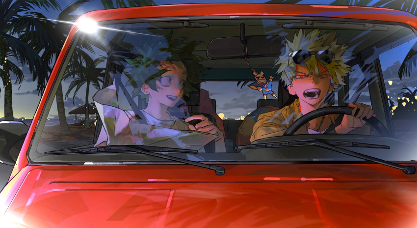 2boys all_might alternate_costume bakugou_katsuki beach beach_chair blonde_hair blue_sky boku_no_hero_academia brown_shirt car car_seat casual chair character_cutout chinese_commentary cloud collared_shirt driving evening eyes_visible_through_hair freckles furrowed_brow gradient_sky green_eyes green_hair grey_sky hand_up highres holding holding_map left-hand_drive looking_at_another looking_to_the_side lounge_chair male_focus map midoriya_izuku motor_vehicle multiple_boys open_clothes open_mouth open_shirt palm_tree pao_jiao_yu_pao_jiao red_car red_eyes reflection shirt short_hair sky smile spiked_hair steering_wheel string_of_light_bulbs t-shirt tree turning_head undershirt upper_body v-shaped_eyebrows water white_shirt