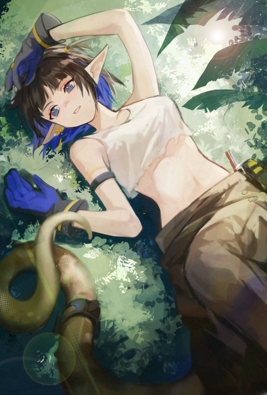 1girl arknights arm_up bare_shoulders black_gloves black_hair blue_eyes blue_gloves blue_hair chinese_commentary collarbone colored_inner_hair commentary_request cowboy_shot crop_top dutch_angle eunectes_(arknights) eunectes_(forgemaster)_(arknights) ginnnn- gloves grass grey_pants highres leaf lens_flare lying midriff multicolored_hair navel official_alternate_costume on_back on_ground pants parted_lips pointy_ears shirt short_hair snake_tail solo tail two-tone_gloves white_shirt