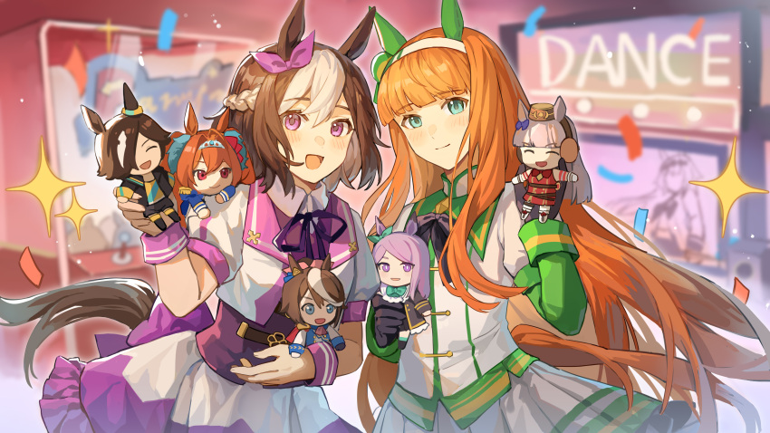 2girls absurdres animal_ears aqua_bow aqua_eyes arcade asymmetrical_gloves black_gloves black_jacket blue_eyes bow braid brown_hair buttons character_doll closed_eyes daiwa_scarlet_(umamusume) double-breasted dress ear_bow ear_covers ear_ornament epaulettes french_braid gloves gold_ship_(umamusume) grey_hair hair_between_eyes hair_over_one_eye highres hime_cut horse_ears horse_girl horse_tail jacket long_hair long_sleeves looking_at_viewer mejiro_mcqueen_(umamusume) mismatched_gloves multicolored_hair multiple_girls open_mouth orange_hair pillbox_hat pleated_skirt puffy_short_sleeves puffy_sleeves purple_bow purple_eyes purple_ribbon red_dress red_hair ribbon short_hair short_sleeves shoulder_cape silence_suzuka_(umamusume) single_epaulette skirt smile sparkle special_week_(umamusume) streaked_hair tail tiara tokai_teio_(umamusume) twintails umamusume very_long_hair vodka_(umamusume) white_hair white_jacket white_skirt wrist_cuffs wufaxianshi_cnd