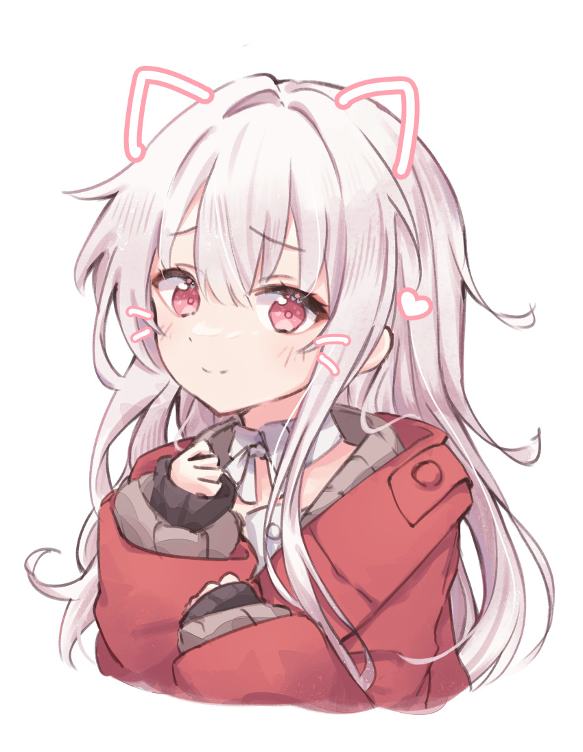 1girl absurdres clara_(honkai:_star_rail) coat detached_collar drawn_ears drawn_whiskers face_filter heart highres honkai:_star_rail honkai_(series) light_blush long_hair red_coat red_eyes shinyo_yukino simple_background smile solo white_background white_hair