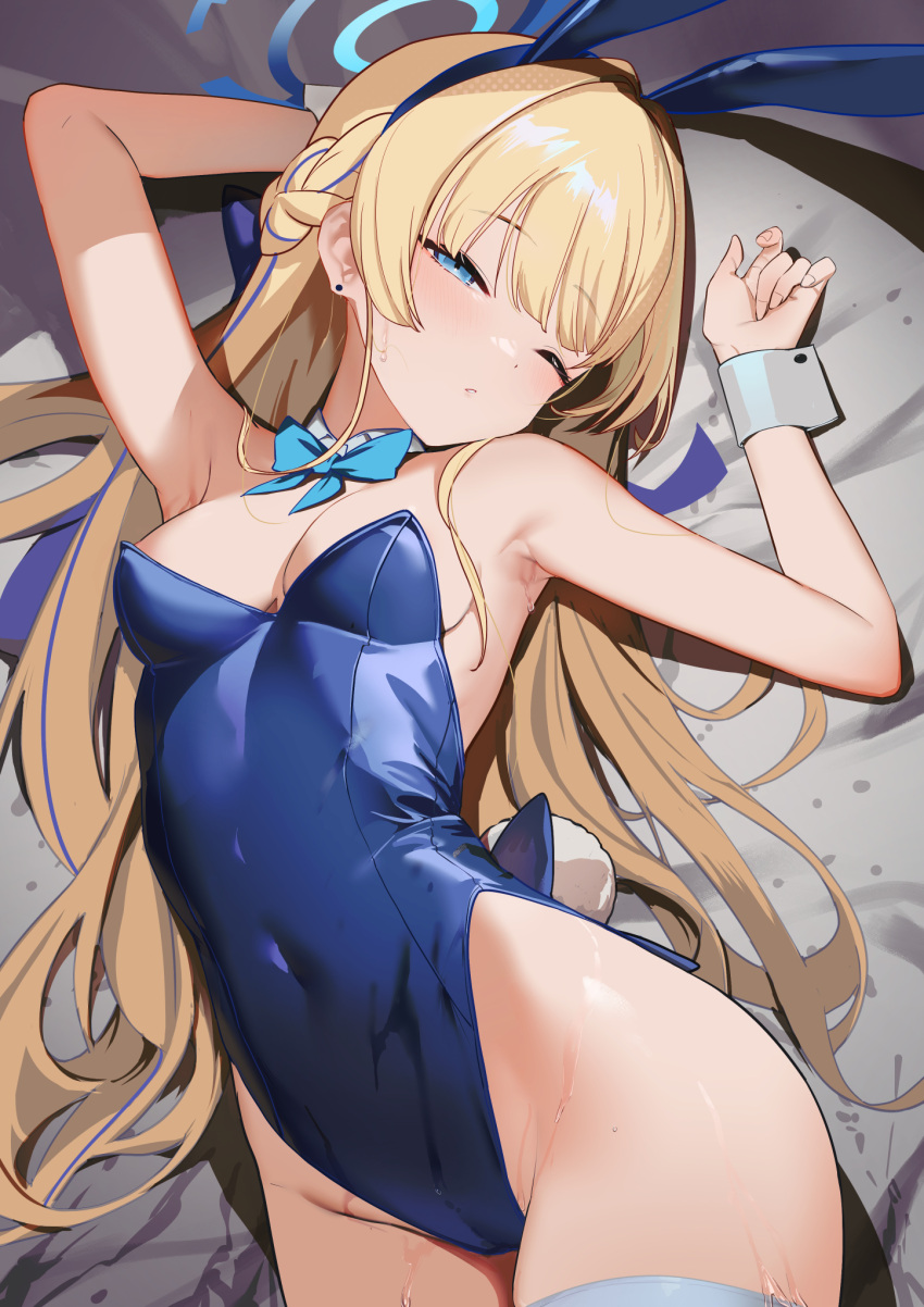 1girl animal_ears arm_up armpits blonde_hair blue_archive blue_bow blue_bowtie blue_eyes blue_hairband blue_leotard bow bowtie braid breasts detached_collar ear_piercing fake_animal_ears french_braid groin hairband half-closed_eyes halo highleg highleg_leotard highres leotard long_hair lying nuda on_back one_eye_closed parted_lips piercing playboy_bunny rabbit_ears rabbit_tail revision small_breasts solo sweat tail toki_(blue_archive) toki_(bunny)_(blue_archive) very_long_hair wrist_cuffs