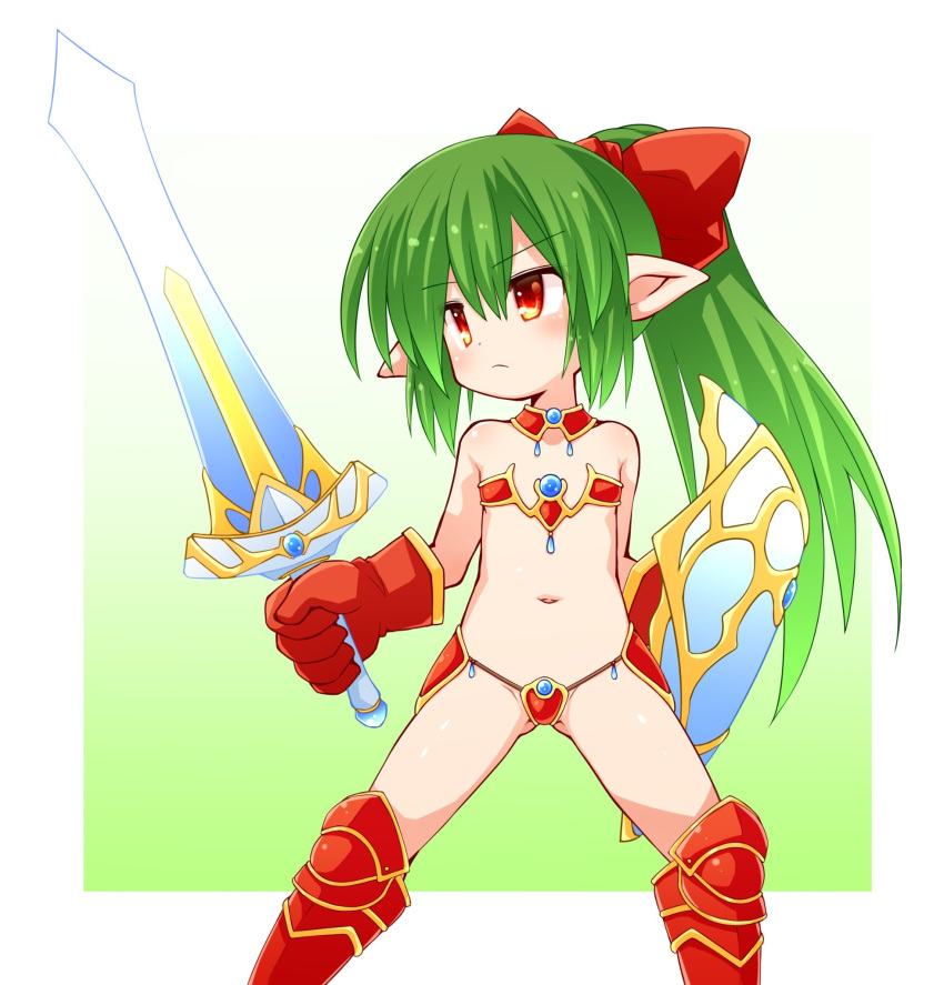 1girl armor armored_boots bikini_armor blush boots bow flat_chest gloves green_hair hair_bow highres holding holding_shield holding_sword holding_weapon kso legs_apart navel original pointy_ears ponytail red_bow red_eyes red_gloves serious shield solo sword weapon