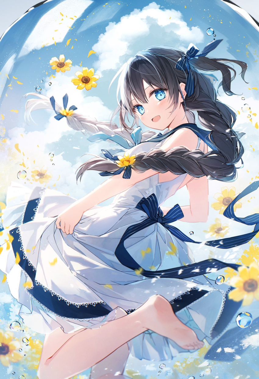 1girl :d bare_arms bare_shoulders barefoot black_bow black_sailor_collar blue_eyes blue_sky blush bow braid breasts cloud commentary_request dress floating_hair flower hair_between_eyes hair_bow hair_flower hair_ornament highres long_hair looking_at_viewer looking_to_the_side low_twintails mochizuki_shiina original petals sailor_collar sailor_dress sky sleeveless sleeveless_dress small_breasts smile soles solo standing standing_on_one_leg striped striped_bow twin_braids twintails very_long_hair white_dress yellow_flower