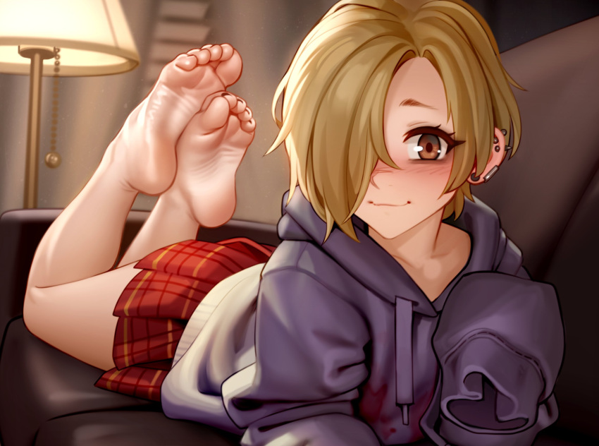 1girl bags_under_eyes barefoot blonde_hair blush brown_eyes ear_piercing earrings feet hair_over_one_eye highres hood hoodie idolmaster idolmaster_cinderella_girls jewelry kairunoburogu looking_at_viewer nail_polish one_eye_covered piercing shirasaka_koume short_hair skirt sleeves_past_fingers sleeves_past_wrists smile soles solo toe_scrunch toenail_polish toenails toes