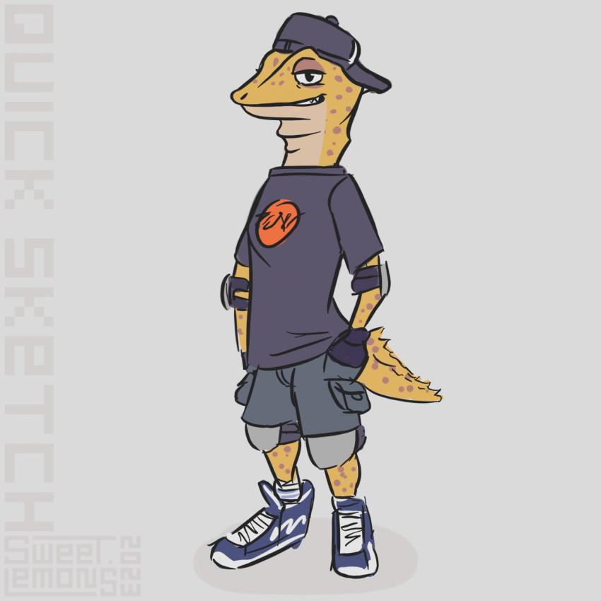 2023 bottomwear clothed clothing dark_topwear digital_drawing_(artwork) digital_media_(artwork) digital_painting_(artwork) footwear gecko gloves grey_background grey_bottomwear grey_clothing hand_in_pocket hands_in_both_pockets handwear hat headgear headwear hi_res light_body lizard long_neck looking_at_viewer male markings pockets reptile scalie shadow shirt shoes shorts signature simple_background simple_coloring simple_eyes smile sneakers solo standing sweet.lemons t-shirt tail tan_body teeth topwear yellow_body