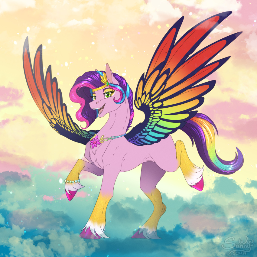 cloud digital_media_(artwork) equid equine feathers female feral g5 happy hasbro hi_res horse mammal mlp_g5 my_little_pony open_mouth pegasus pipp_petals_(mlp) pony smile solo sunny_way wings