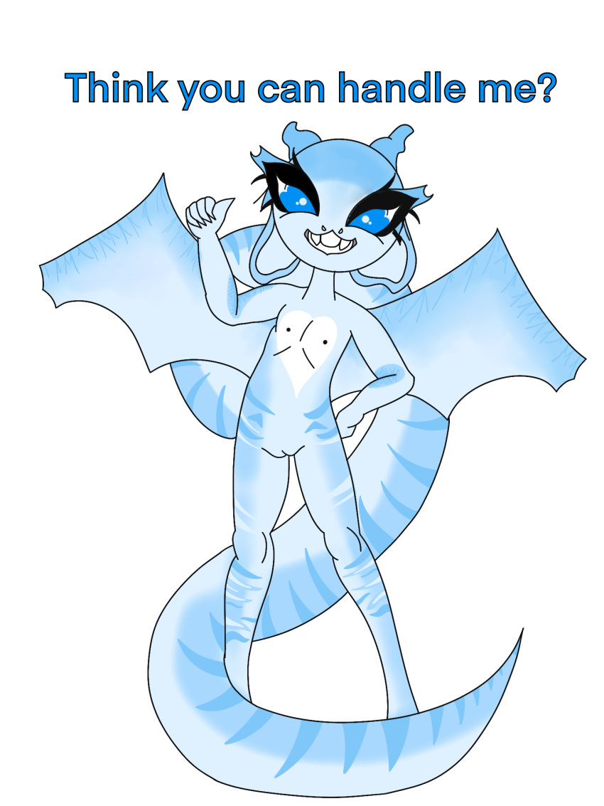 anthro aroused blue_body blue_eyes bomdi dragon female genitals gesture hi_res hip horn looking_at_viewer markings pussy raised_arm scales scalie solo spread_wings standing striped_body stripes tail tail_markings teeth_showing teeths(character) thumbs_up wings