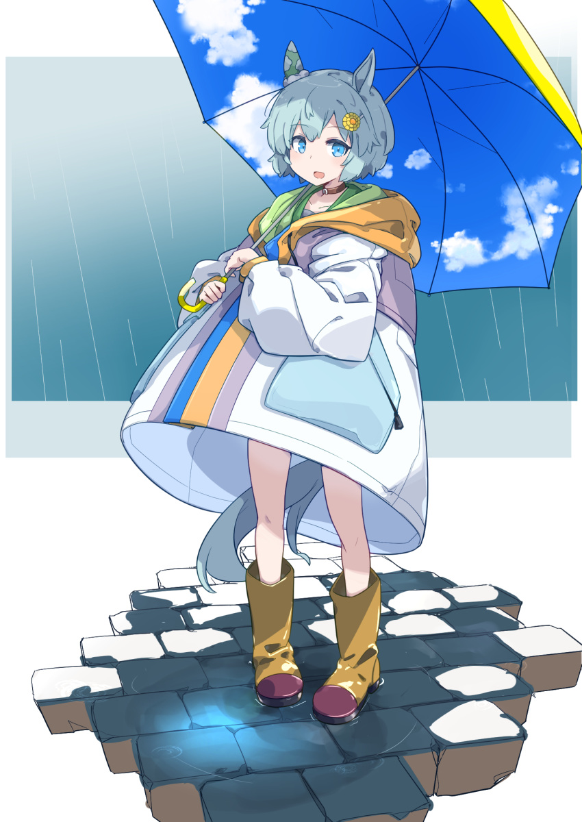 1girl :d animal_ears aqua_hair blue_eyes boots commentary_request flower full_body hair_flower hair_ornament highres holding holding_umbrella horse_ears horse_girl horse_tail long_sleeves rain raincoat rubber_boots seiun_sky_(umamusume) short_hair sky_print smile solo standing tail totomono umamusume umbrella