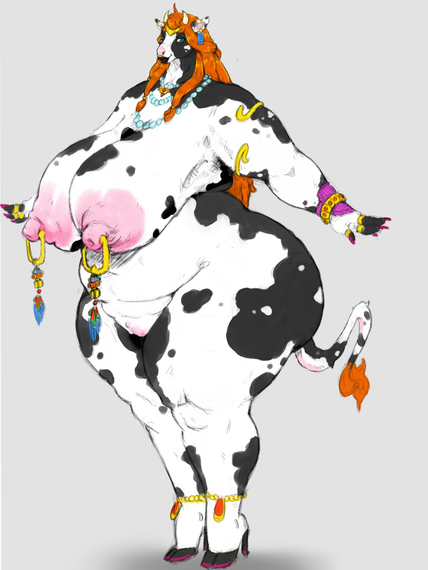 3:4 anthro areola belly big_areola big_breasts big_butt big_muscles big_nipples bovid bovine bracelet breasts breastwizard butt female gem genitals hair hi_res horn huge_areola huge_breasts huge_butt huge_hips huge_muscles jewelry mammal muscular necklace nipple_piercing nipples orange_hair overweight overweight_anthro overweight_female piercing pussy solo thick_nipples