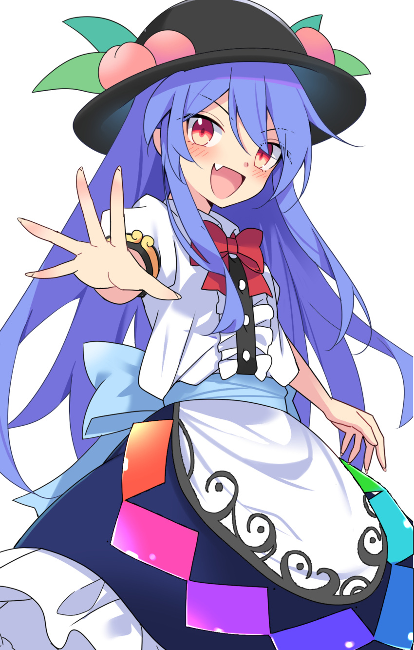 1girl :d black_headwear blue_hair bow bowtie commentary_request e.o. fang food fruit hat highres hinanawi_tenshi long_hair looking_at_viewer peach red_bow red_bowtie short_sleeves simple_background smile solo touhou white_background