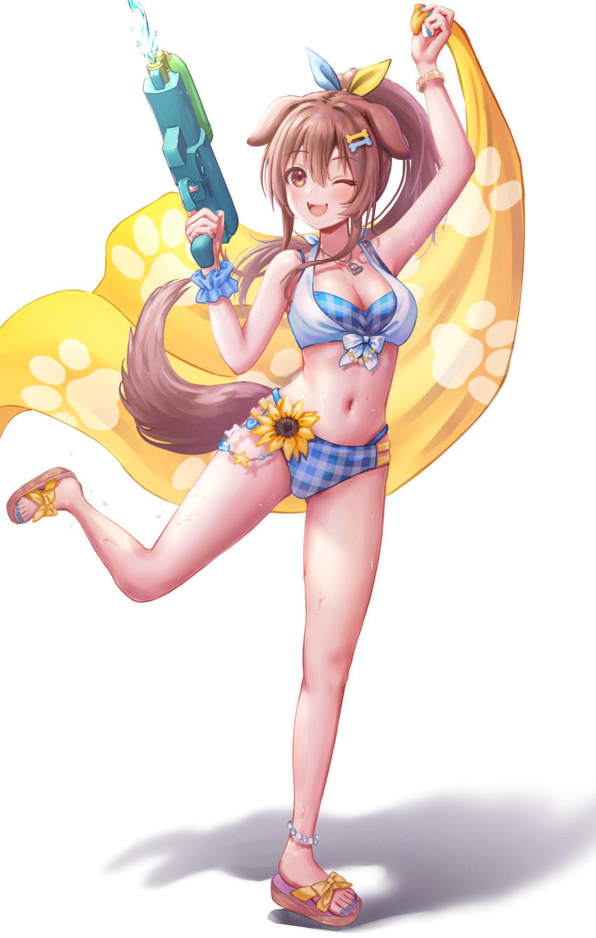 1girl absurdres animal_ears bikini blanket blush bone_hair_ornament bow breasts brown_eyes brown_hair checkered_bikini checkered_clothes cleavage commentary_request dog_ears dog_girl dog_tail fangs hair_between_eyes hair_bow hair_ornament highres holding holding_blanket holding_water_gun hololive inugami_korone leg_up looking_at_viewer medium_breasts one_eye_closed open_mouth ponytail sandals simple_background solo swimsuit tail virtual_youtuber wajuniorbox water_gun white_background