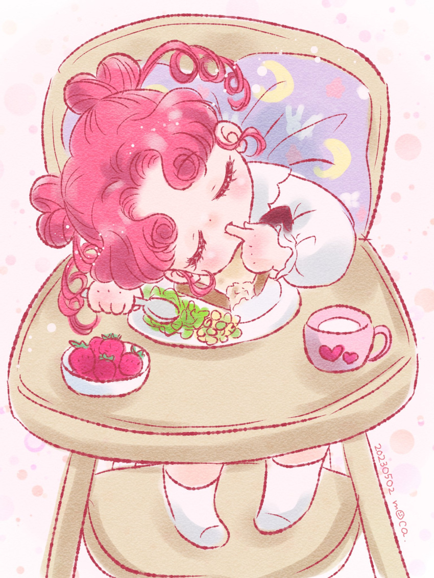 1girl baby bishoujo_senshi_sailor_moon chibi_chibi closed_eyes commentary_request cup dated double_bun drill_hair finger_sucking food fruit hair_bun hemuhemu_moca highres holding holding_spoon pink_hair plate signature socks solo spoon strawberry toddler