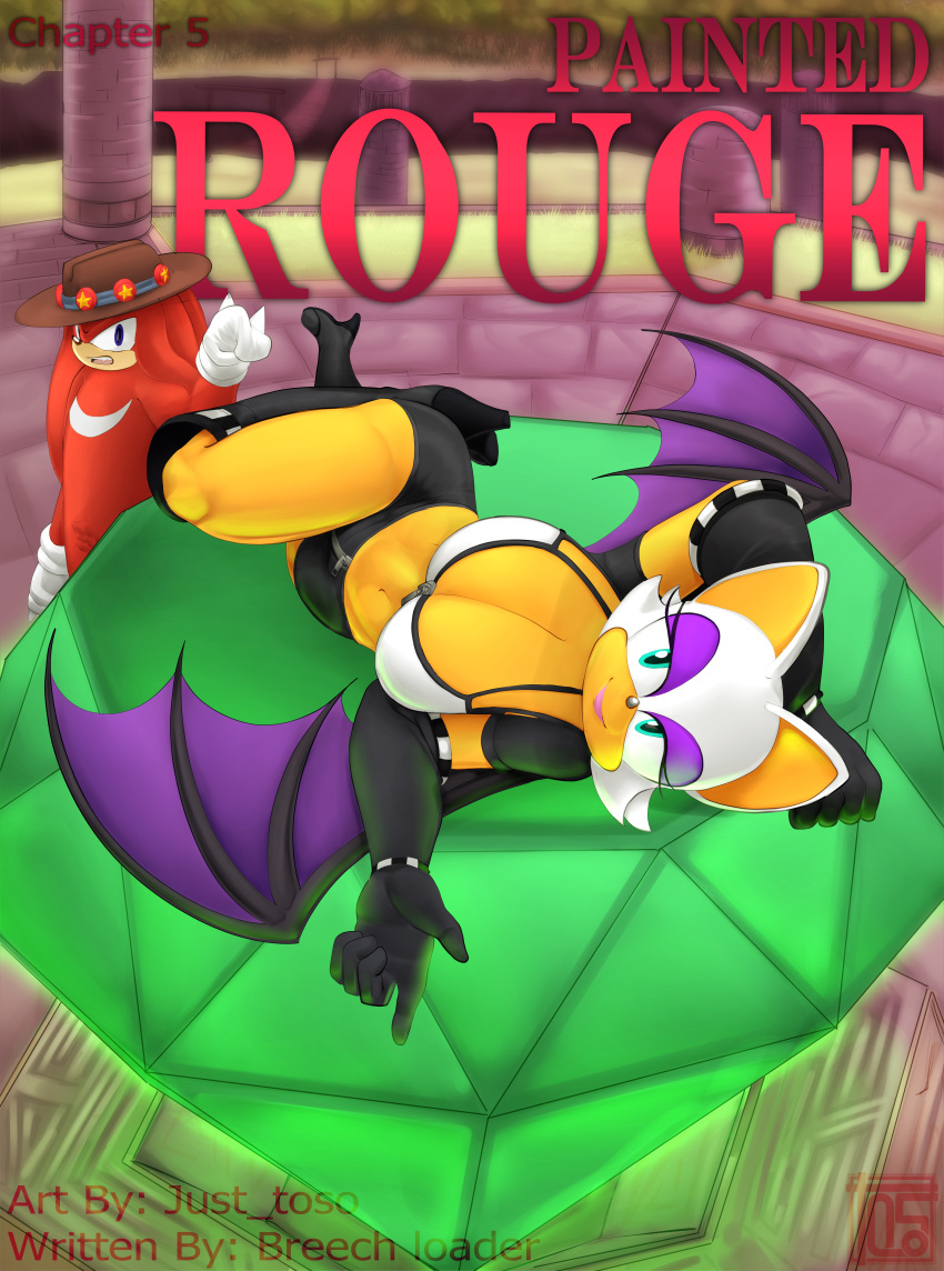 2023 absurd_res anthro bat boots bottomwear breasts breech_loader chaos_emerald cleavage clothed clothing cover cover_art cover_page detailed_background duo echidna english_text female footwear fur gem gloves handwear hat headgear headwear hi_res knuckles_the_echidna male mammal master_emerald membrane_(anatomy) membranous_wings monotreme red_body red_fur rouge_the_bat sega shorts skimpy sonic_the_hedgehog_(series) text toso wings