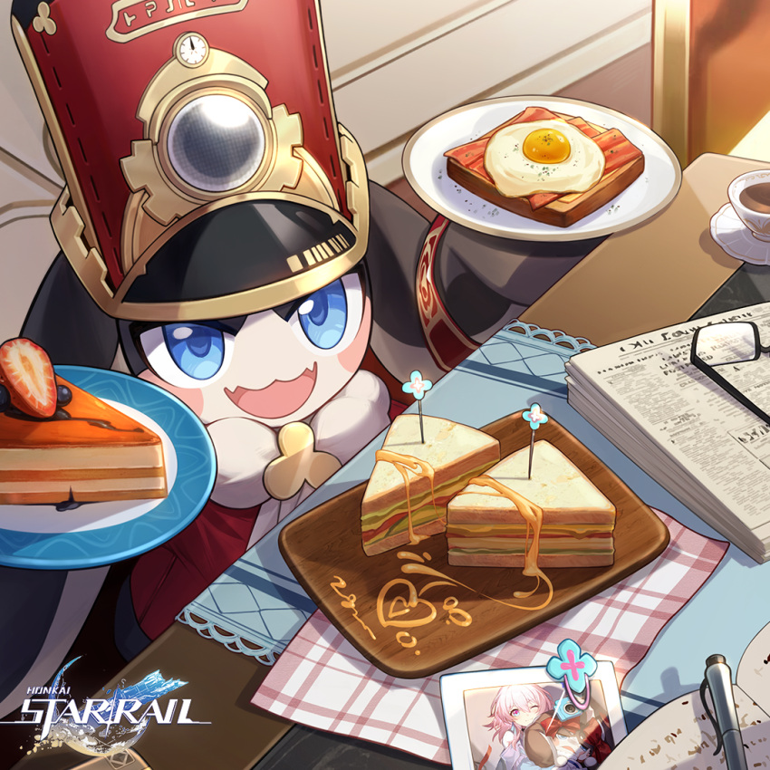 1girl bacon blue_eyes book coffee_mug cup egg food fruit glasses hat heart holding holding_plate honkai:_star_rail honkai_(series) logo looking_at_viewer march_7th_(honkai:_star_rail) mug official_art official_wallpaper one_eye_closed pen picture_(object) pie pink_hair plate pom-pom_(honkai:_star_rail) solo_focus strawberry toast