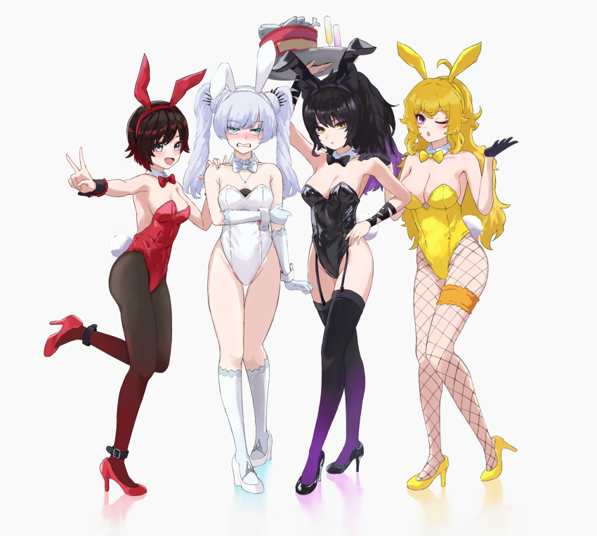 4girls ahoge animal_ears bare_shoulders black_bow black_bowtie black_footwear black_hair blake_belladonna blonde_hair blue_eyes blush bow bowtie breasts cleavage collar collarbone detached_collar fake_animal_ears fishnet_pantyhose fishnets garter_belt garter_straps gradient_hair grey_eyes hair_ornament hand_on_own_arm hand_on_own_hip hand_up high_heels highleg highleg_leotard highres holding holding_own_arm holding_tray jewelry kneehighs leotard long_hair looking_at_viewer multicolored_hair multiple_girls necklace one_eye_closed open_mouth pantyhose playboy_bunny ponytail purple_eyes purple_hair rabbit_ears rabbit_tail red_bow red_bowtie red_footwear red_hair ruby_rose rwby ryoha_kosako scar scar_across_eye short_hair shrugging socks standing standing_on_one_leg strapless strapless_leotard tail thighhighs thighs tray twintails v very_long_hair weiss_schnee white_background white_bow white_bowtie white_footwear white_hair white_socks wrist_cuffs yang_xiao_long yellow_bow yellow_bowtie yellow_eyes yellow_footwear