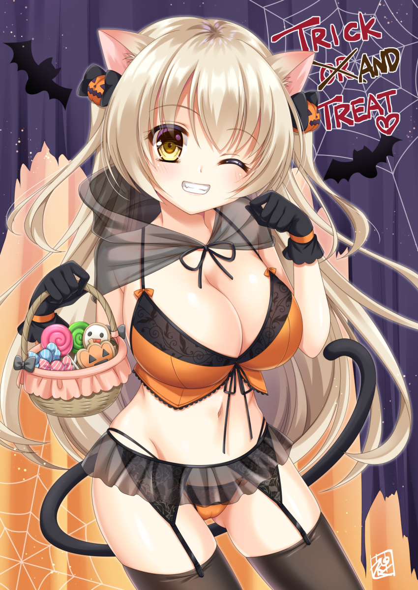 1girl animal_ears basket bat_(animal) blonde_hair blush bow breasts camisole candy capelet cat_ears cat_tail cleavage food garter_belt garter_straps gloves grin groin hair_bow hair_ornament halloween halterneck highres holding holding_basket hood hooded_capelet jack-o'-lantern jack-o'-lantern_hair_ornament kkurumi large_breasts lingerie long_hair microskirt navel one_eye_closed original panties paw_pose see-through see-through_capelet see-through_skirt silk skirt smile solo spider_web tail thighhighs trick_or_treat two_side_up underwear very_long_hair yellow_eyes