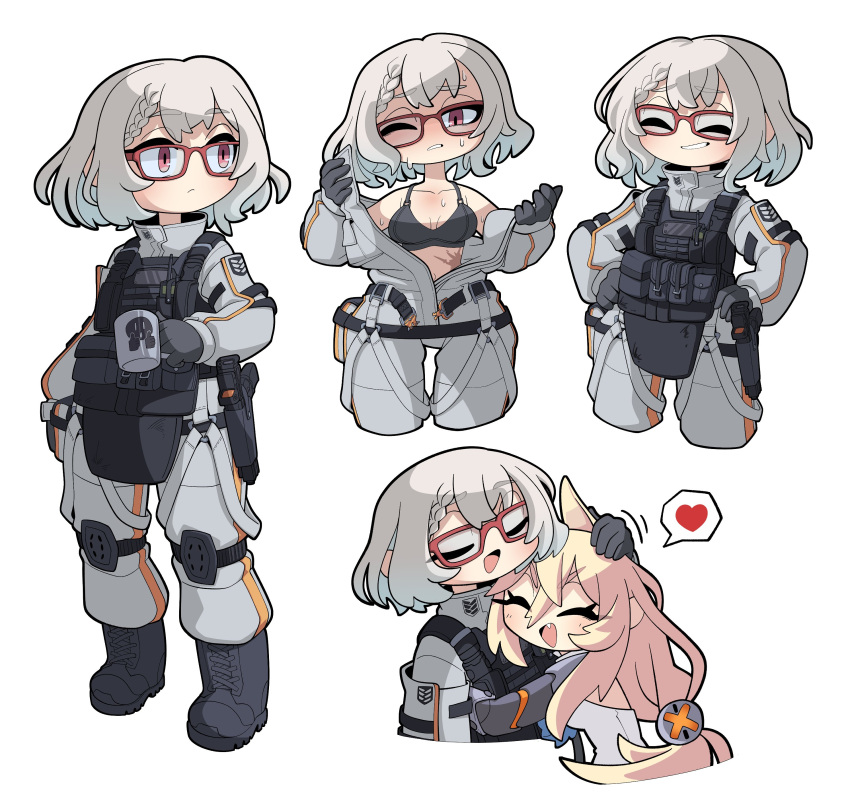 2girls absurdres ammunition_pouch android animal_ears armedrabbit black_bra black_footwear blonde_hair boots bra braid breasts closed_eyes closed_mouth collarbone commission cowboy_shot cup dog_ears english_commentary fang female_commander_(girls'_frontline) full_body g41_(girls'_frontline) girls'_frontline glasses griffin_&amp;_kryuger gun hair_ornament hand_on_another's_head hand_on_own_hip handgun hazmat_suit heart highres holding holding_cup holster hug knee_pads long_hair looking_down mechanical_arms medium_breasts medium_hair motion_lines multiple_girls navel one_eye_closed open_mouth parted_lips plate_carrier pouch radio red_eyes scar scar_on_stomach shirt simple_background single_mechanical_arm sweat underwear very_long_hair weapon white_background white_hair white_shirt